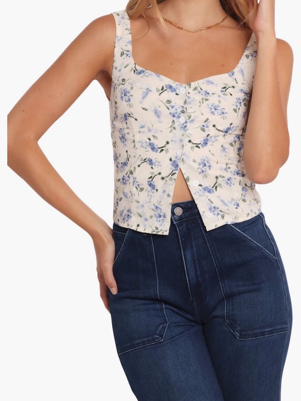Petal & Pup Cream Floral Sweetheart Button-Front Camisole with Blue Blooms